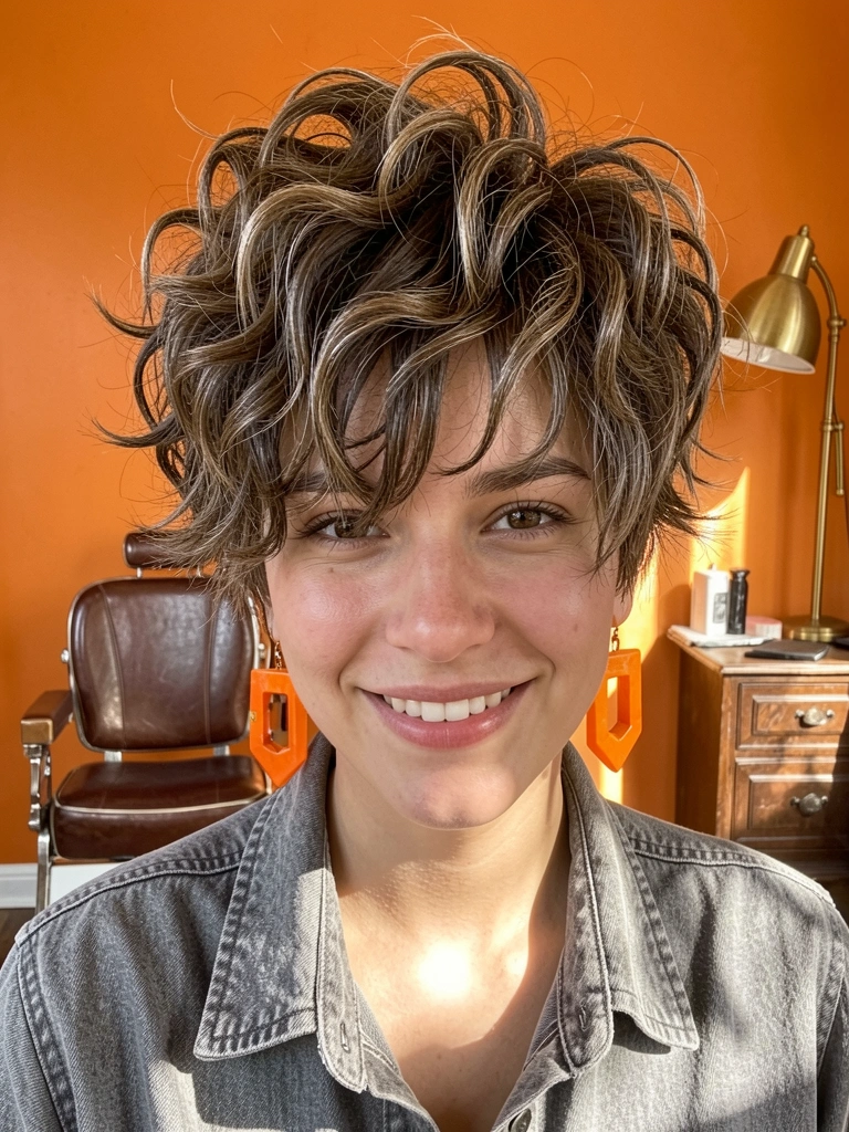 Muda jovem com cabelo crespo cacheado e camada desconexa, sorrindo perto de cadeira de barbeiro vintage, luz natural suave.