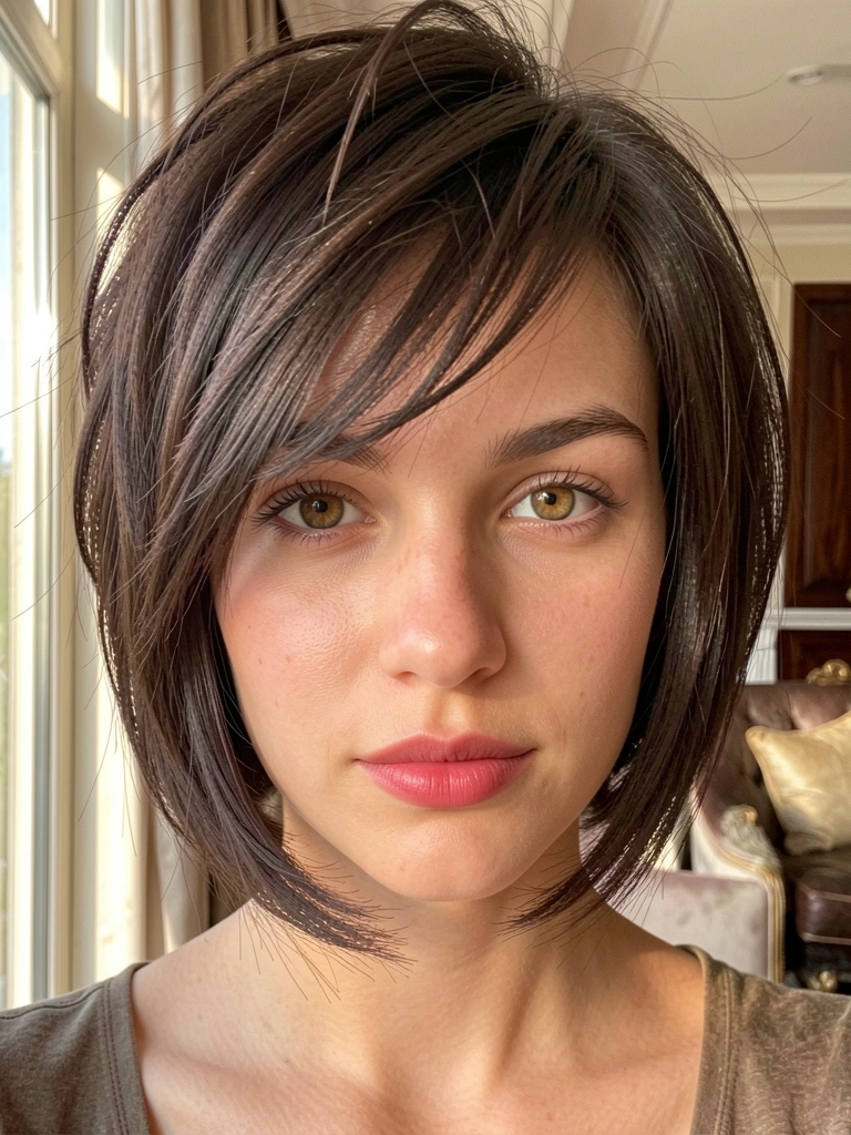 Retrato de mulher com cabelo castanho escuro em bob moderno, olhos avelã, luz difusa destacando a textura dos fios e a pele natural.