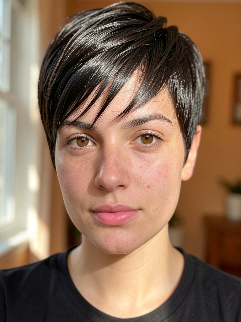 Jovem de cabelo escuro curto com camadas texturizadas, pele com textura realista e lábios rosados, luz natural suave e fundo desfocado.