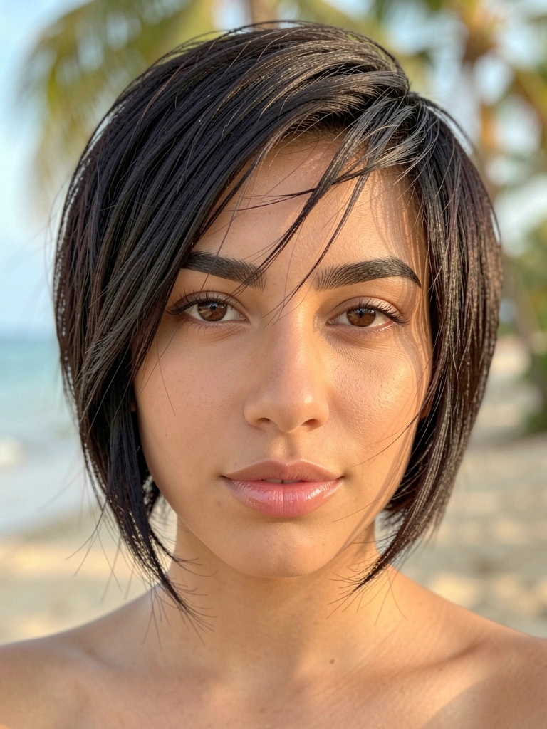 Mulher de cabelo preto curto e texturizado, pele natural e olhos castanhos, iluminada por luz natural suave com fundo tropical desfocado.