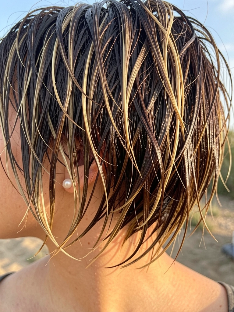 Cabelo curto castanho escuro com mechas loiras, franja volumosa e texturizada, brinco de pérola, luz natural difusa.