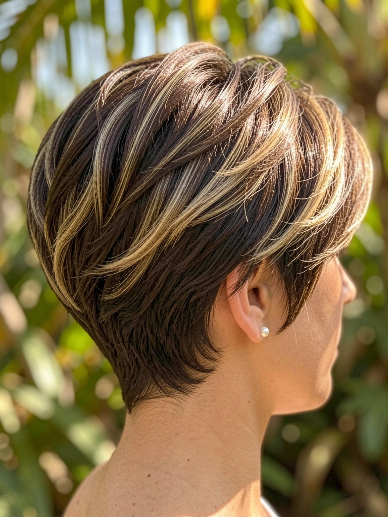 Pixie cut castanho escuro com mechas loiras, ondas suaves e volume, brinco de pérola, luz natural filtrada por folhas ao fundo.