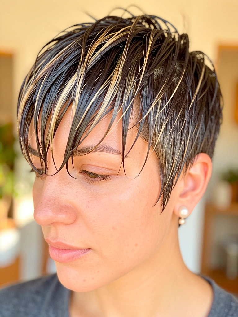 Close-up de mulher com cabelo pixie curto, texturizado e úmido, com luz natural destacando as camadas e um brinco de pérola visível.