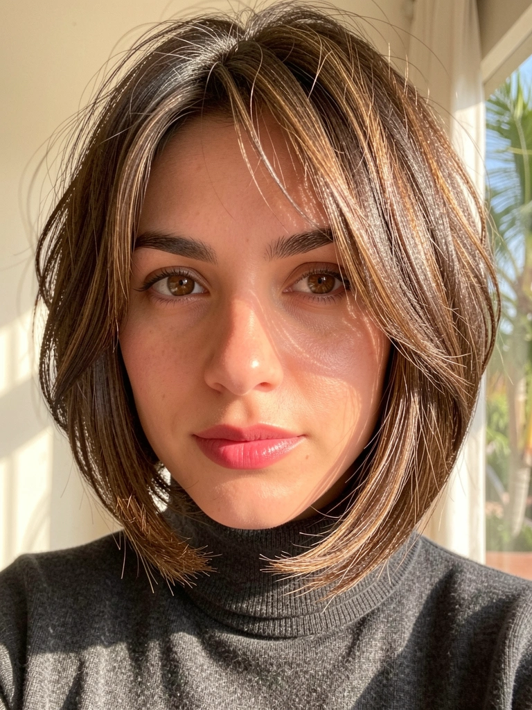 Close-up de mulher com cabelo castanho em bob italiano, camisola cinza escura, luz natural difusa e fundo neutro desfocado.