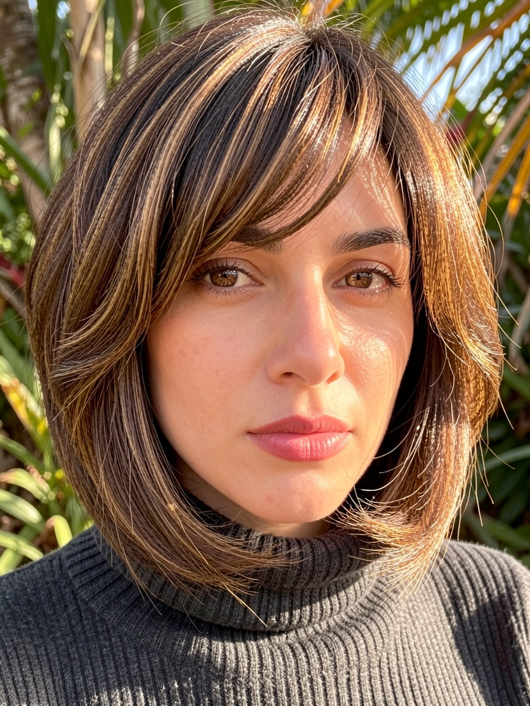 Close-up de mulher com cabelo castanho em camadas e franja volumosa, suéter de gola alta cinza escuro, luz natural com folhagem desfocada ao fundo.