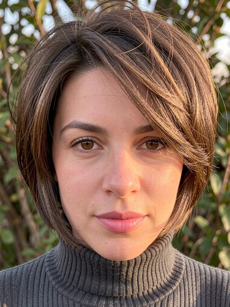 Mulher de cabelo castanho curto e texturizado, suéter de gola alta cinza escuro, luz natural suave e fundo com folhagem.