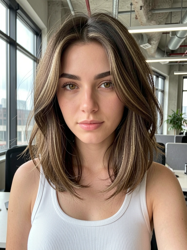Jovem com cabelo castanho em bob italiano e ondas naturais, olhos avelã, blusa branca, escritório com janelas amplas e luz natural difusa.