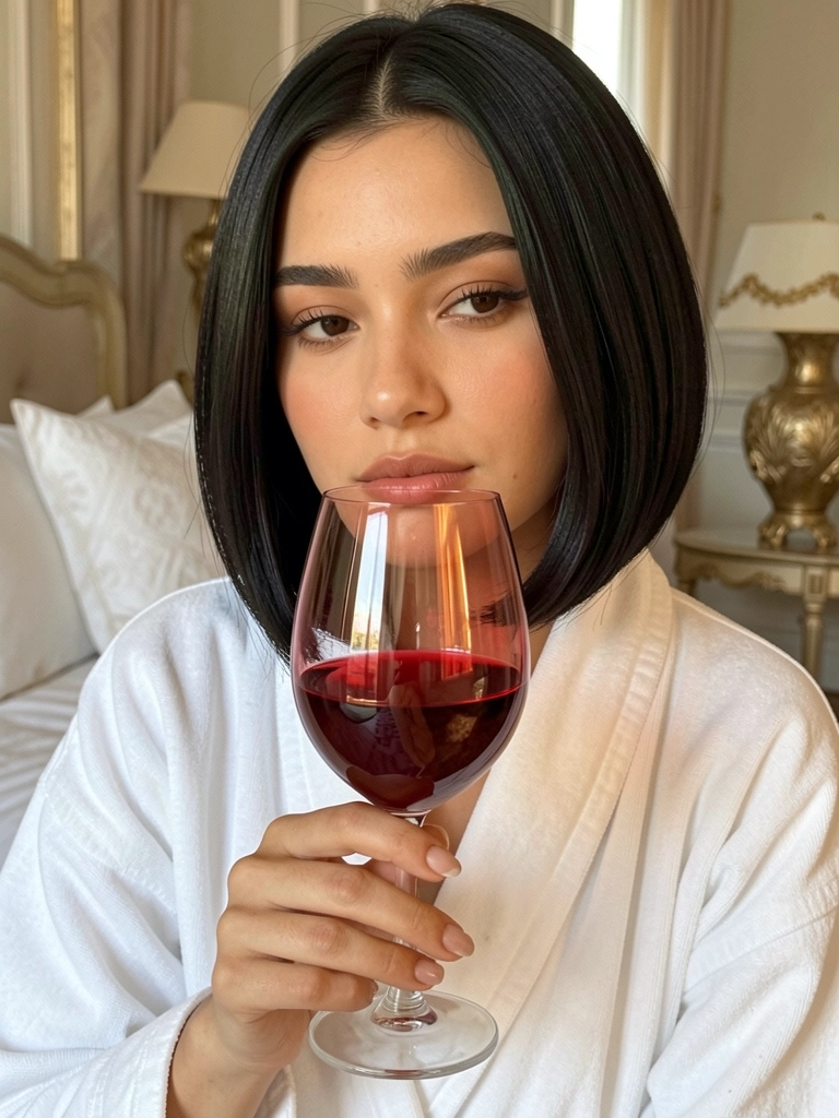Mulher de roupão branco segura taça de vinho tinto que reflete luz, foco no rosto sereno e fundo com lençóis claros.