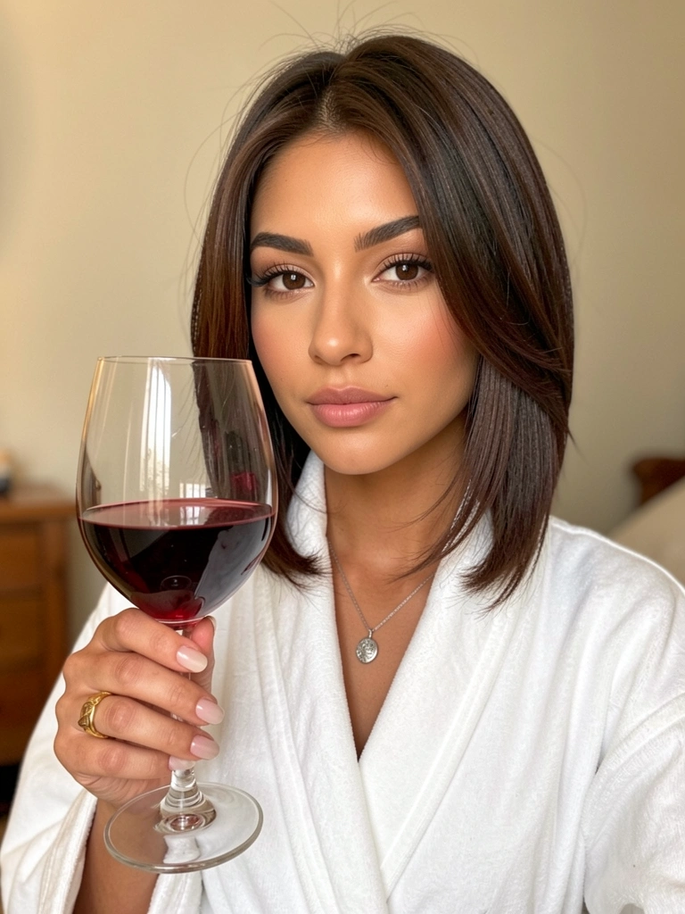 Mulher de robe branco e colar de prata segurando taça de vinho tinto com fundo desfocado de quarto claro.