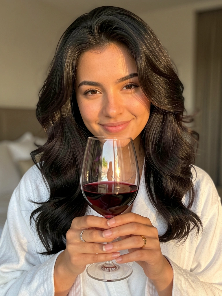 Jovem de cabelos escuros ondulados segurando taça de vinho tinto com as duas mãos, sorrindo suavemente, usando roupão branco e colar de prata, iluminação quente e fundo desfocado.