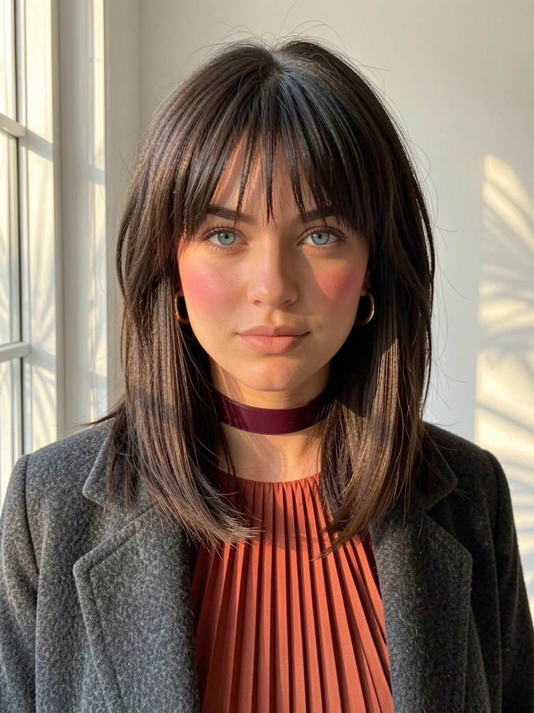 Jovem de cabelo castanho escuro em bob longo, olhos azuis, colar de couro vinho e vestido pregueado, fundo branco com luz natural.