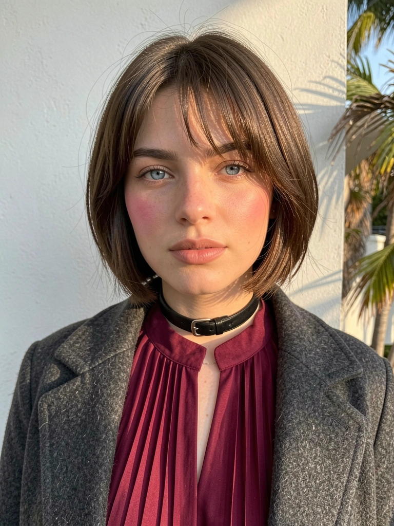 Jovem de cabelo castanho curto e olhos azuis, blusa vinho plissada, gola preta de couro e casaco cinza escuro, fundo cinza claro com luz difusa.
