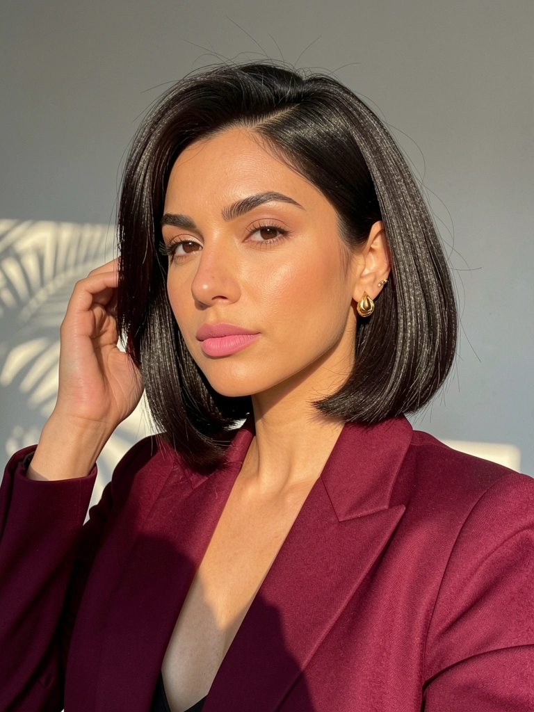 Mulher de cabelo castanho em corte reto, blazer vinho e brinco de ouro, mão no cabelo, fundo cinza claro com luz natural.