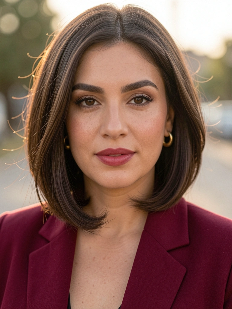 Mulher com cabelo longo bob sem franja, usando blazer vinho e brincos dourados, maquiagem com lábios rosados e olhos definidos, iluminação natural e fundo levemente desfocado.