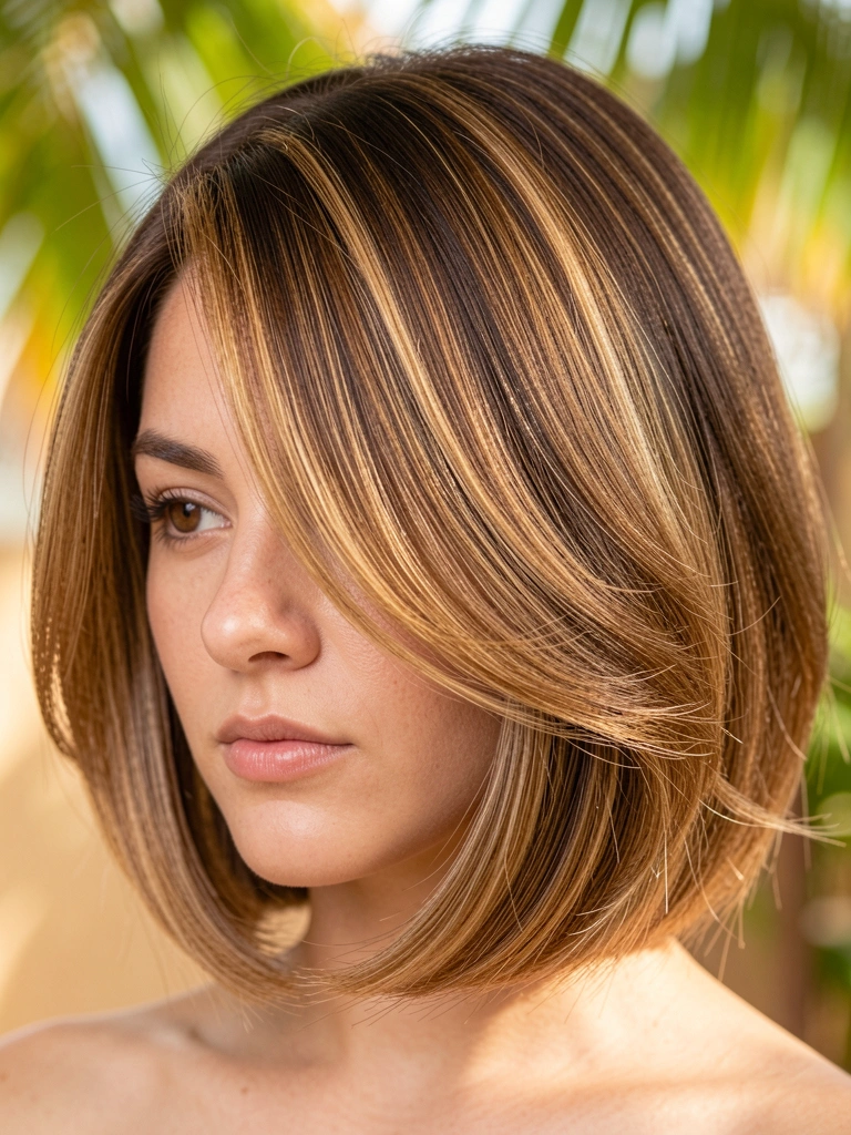 Close-up de uma mulher com cabelo castanho escuro e mechas loiras, corte chanfrado e ondas suaves, iluminado por luz natural difusa.