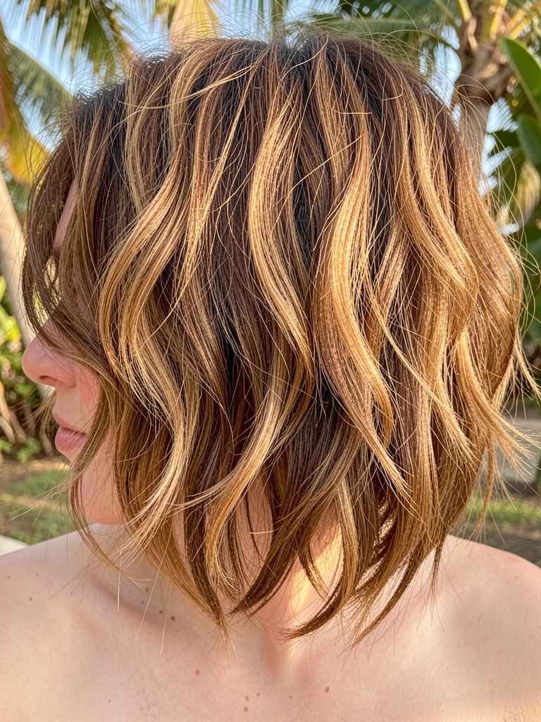 Ombro e colo de mulher com cabelo ondulado castanho e caramelo, luz difusa e fundo tropical desfocado.