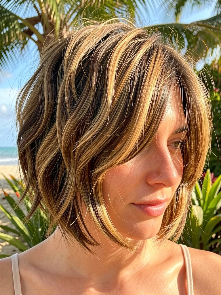 Mulher com cabelo curto em camadas, mechas caramelo e castanho-escuras, textura levemente bagunçada e volume, luz natural quente e fundo tropical desfocado.
