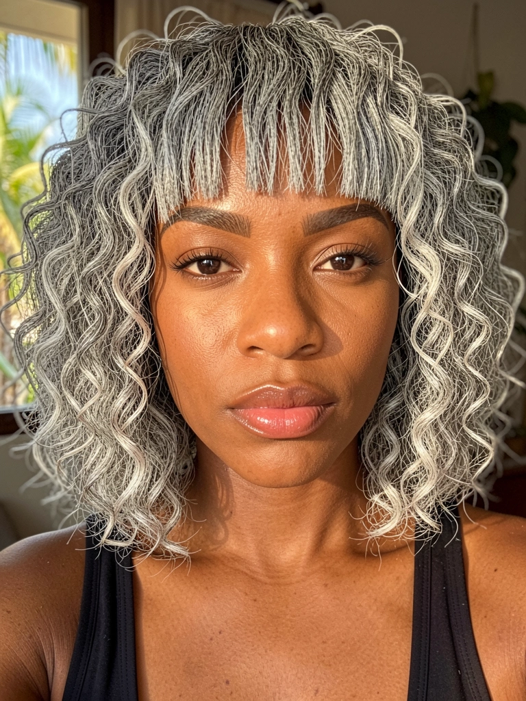 Mulher negra com cabelo curto cacheado grisalho e franja reta, pele quente, olhar confiante para a câmera sob luz natural suave.