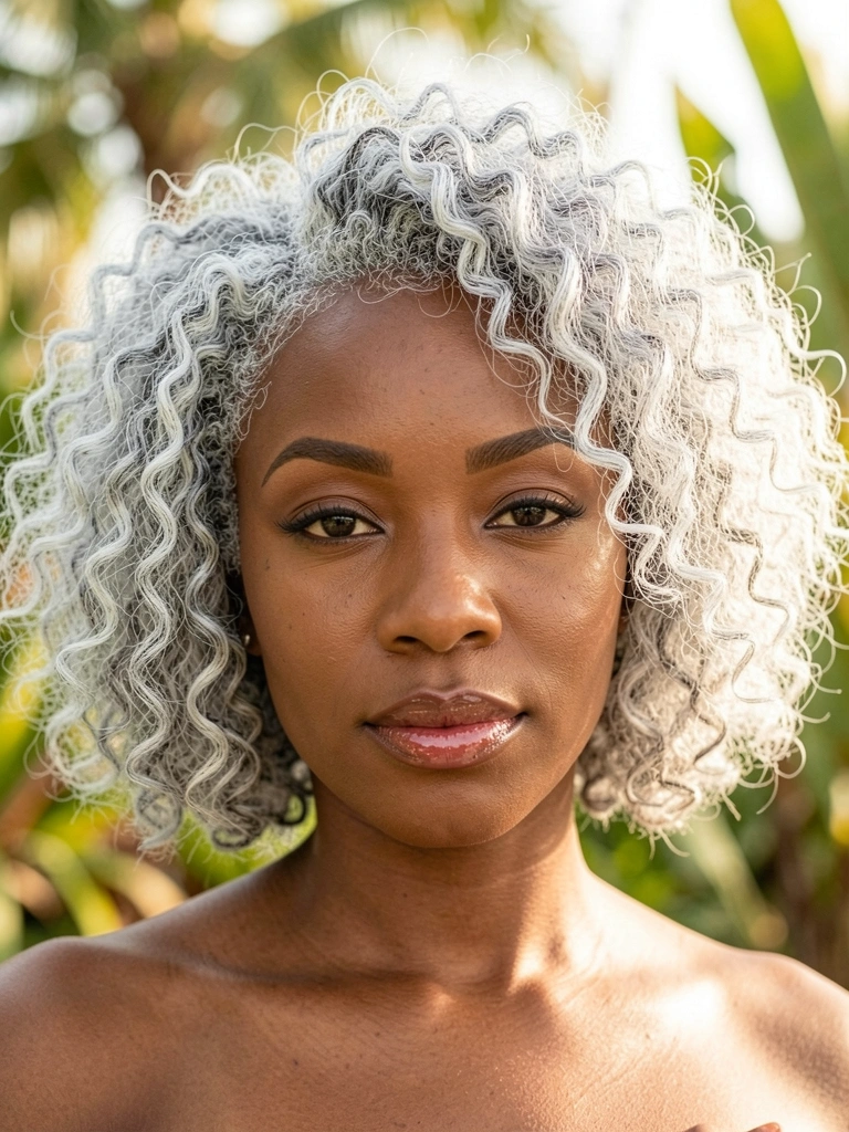 Mulher negra de cabelos grisalhos cacheados em corte texturizado, olhar confiante, pele bronzeada com gloss labial, fundo desfocado com folhagens tropicais e luz natural difusa.