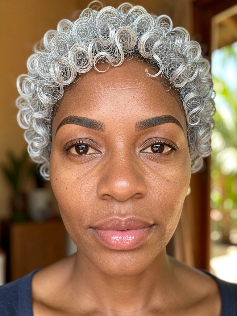 Mulher negra com cabelo crespo grisalho em corte bob, pele morena, olhar direto e luz natural difusa, fundo desfocado com tons quentes.
