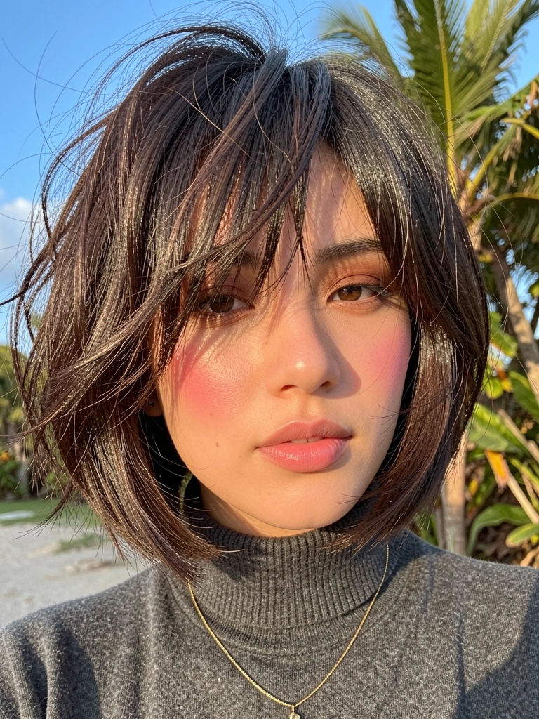Jovem com cabelo castanho escuro em bob curto e texturizado, franja bagunçada, suéter cinza escuro e colar dourado fino, luz natural quente.