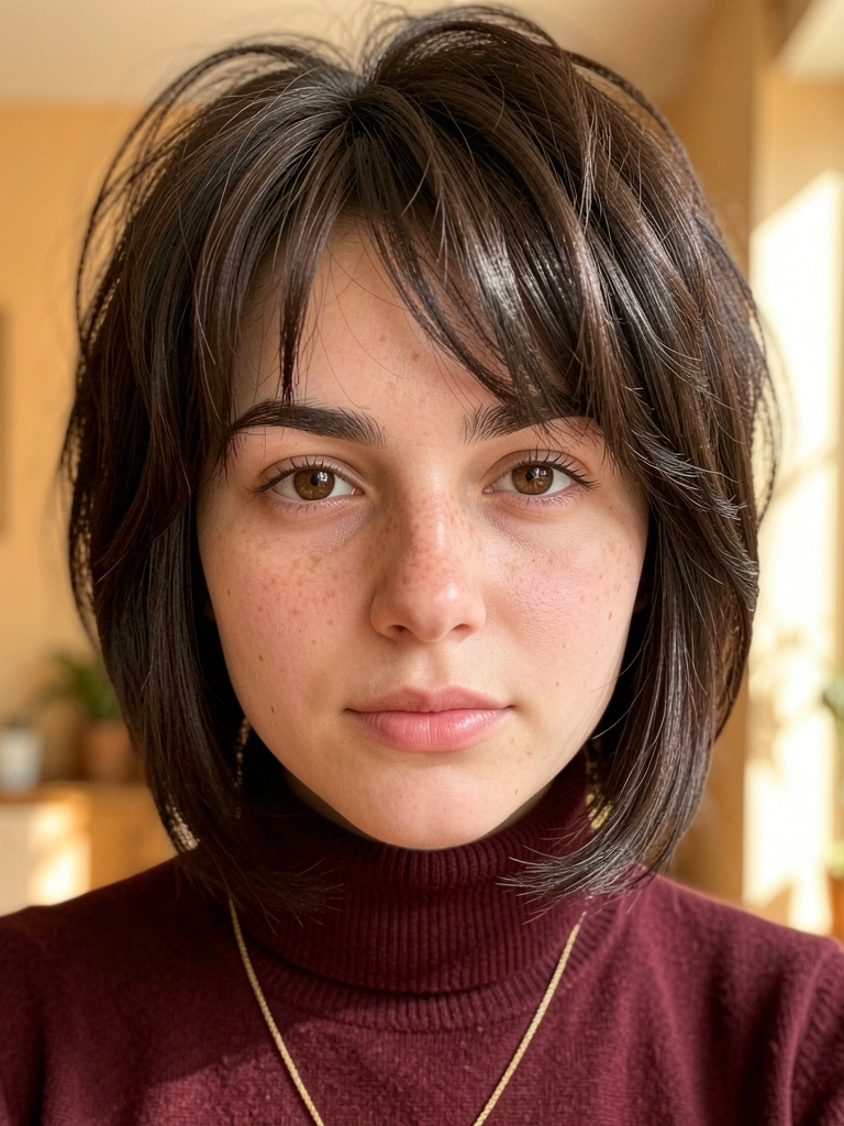 Jovem de cabelo castanho escuro em bob repicado, suéter vinho e colar dourado, luz natural suave e fundo desfocado.