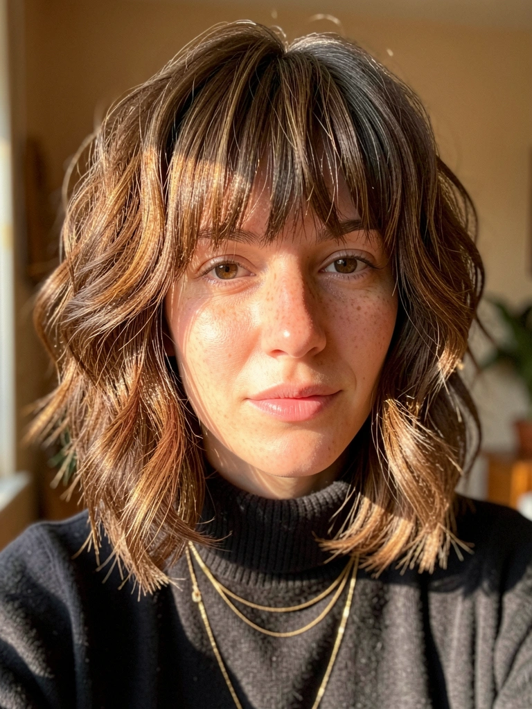 Luz natural suave destaca cabelo castanho com camadas e franja desfiada, mulher de suéter escuro e colares dourados em ambiente interno desfocado.