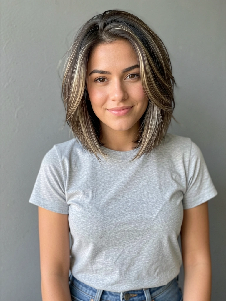 Mulher de cabelo castanho texturizado em corte curto com franja lateral, camiseta cinza, sorriso sutil, fundo neutro desfocado e iluminação suave natural.