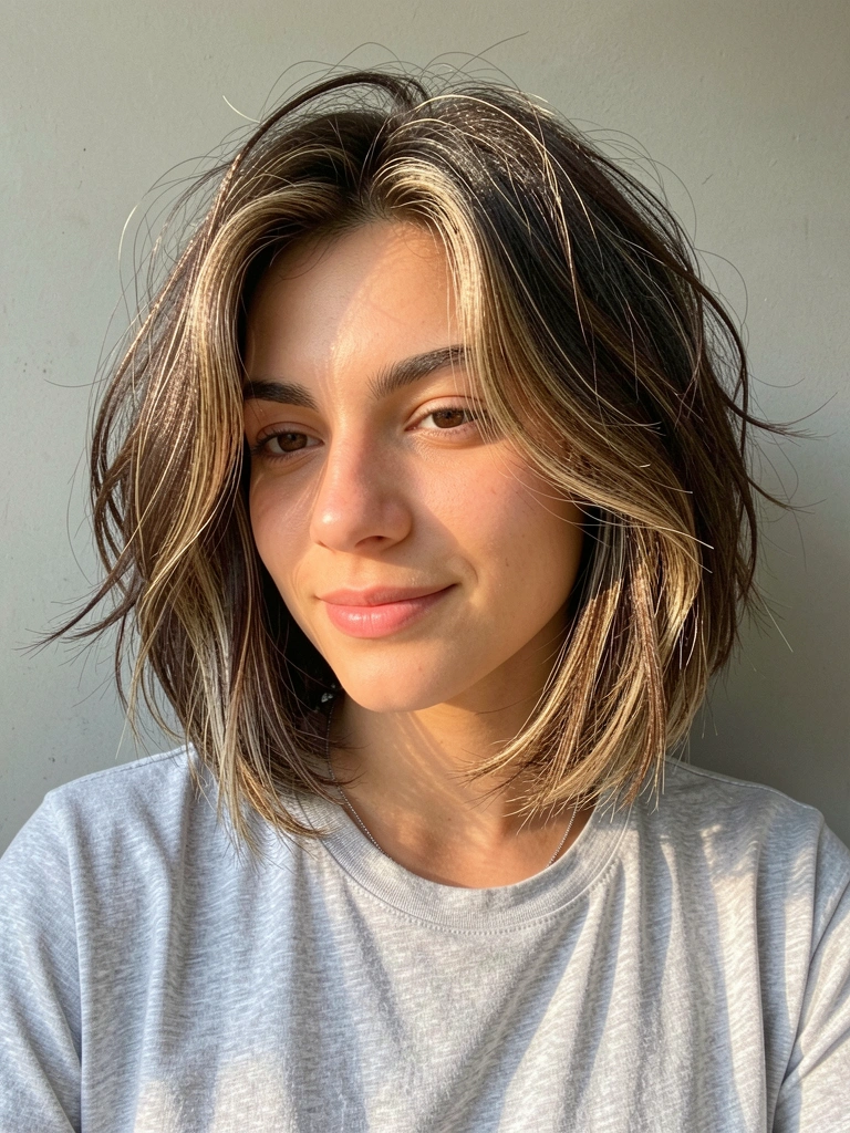 Luz natural difusa destaca o volume e movimento de um corte curto com ondas despojadas, em mulher de camiseta cinza e colar prateado, fundo neutro.
