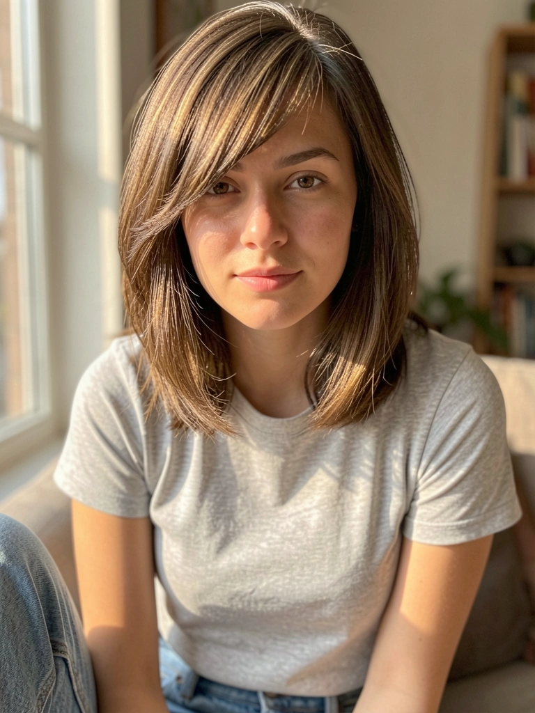 Mulher de cabelo castanho texturizado com franja lateral, camiseta cinza, luz natural difusa e fundo levemente desfocado.