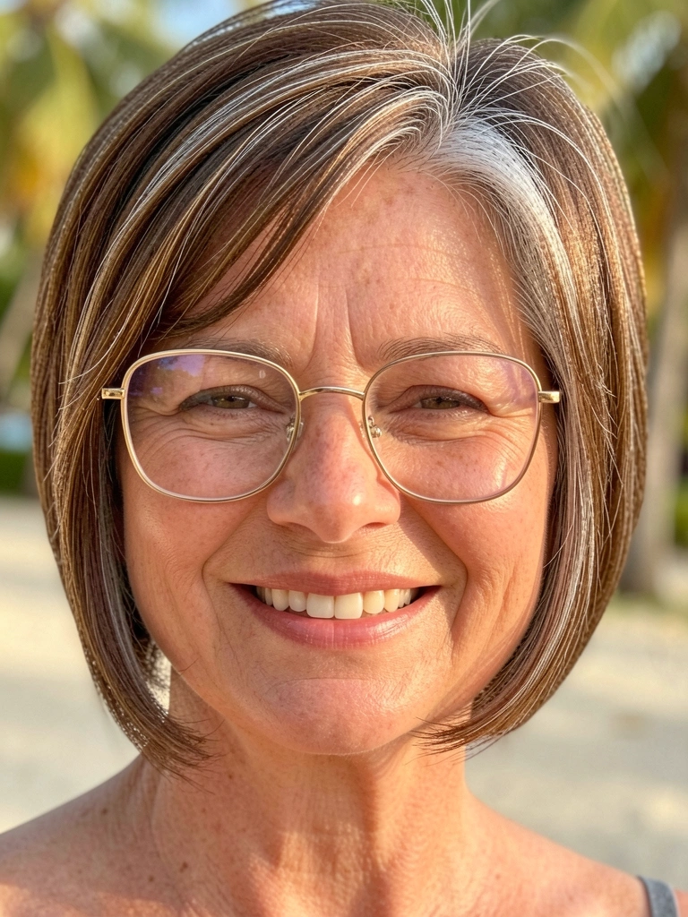 Close-up de mulher com cabelo curto castanho em camadas, têmporas grisalhas, óculos de aro fino dourado, sorriso genuíno, luz natural difusa e fundo desfocado.