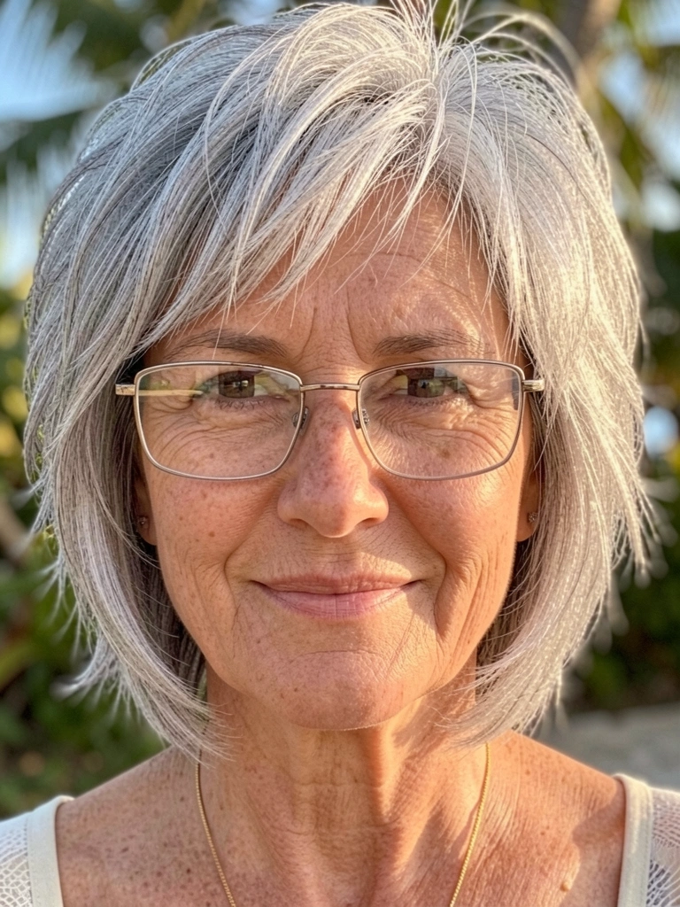 Mulher madura com cabelo grisalho curto e desfiado, óculos de aro fino e colar de ouro, luz natural suave realçando rugas e textura dos fios.