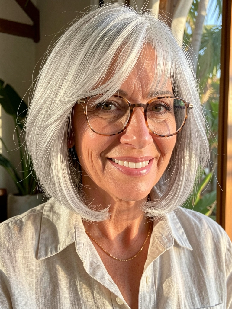 Mulher madura de cabelo prateado curto e ondulado, óculos estilosos, sorrindo com luz natural e camisa de linho clara ao fundo.