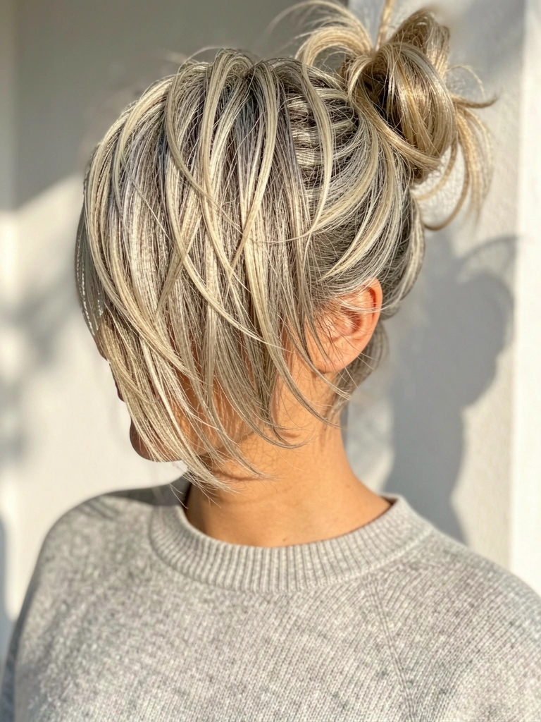 Mulher com cabelo loiro e grisalho em coque desfiado, suéter de tricô cinza claro, luz natural e fundo desfocado.