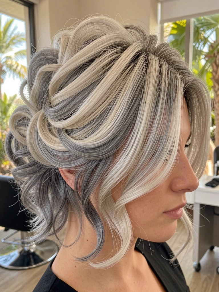 Pixie cut com ondas texturizadas em platinado e cinza, transição de raiz clara para pontas escuras, fundo neutro com luz natural de salão.