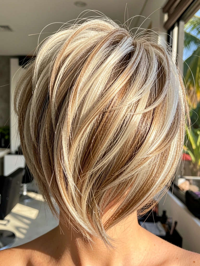 Close-up de cabelo curto platinado e castanho claro em updo bagunçado, com luz natural filtrada por janela de salão moderno.
