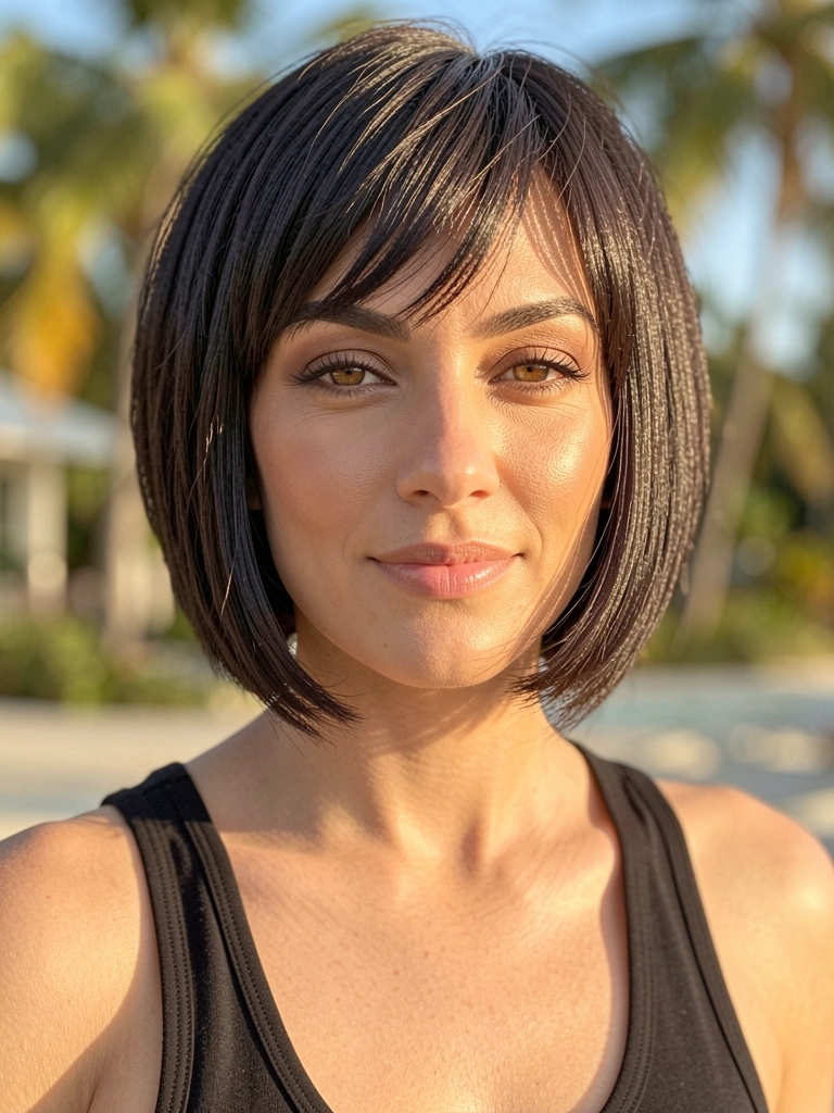 Mulher com bob curto, olhos castanhos e blusa preta, iluminada por luz natural suave ao ar livre.