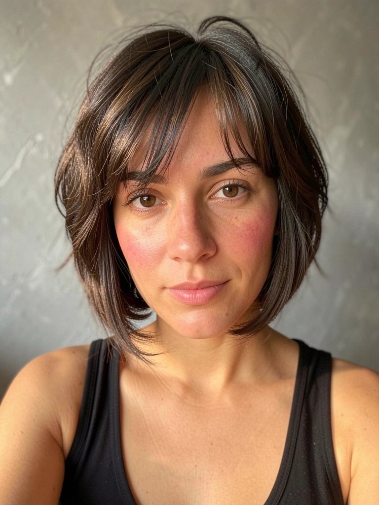 Mulher de cabelo castanho escuro em corte bob texturizado com franja, pele morena e olhos castanhos, usando blusa preta, fundo cinza com sombras suaves e luz natural difusa.