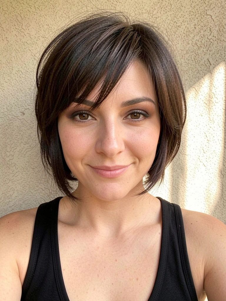 Mulher de cabelo castanho escuro em camadas e franja, blusa preta, sorrindo para a câmera com maquiagem natural, parede bege texturizada com luz difusa.