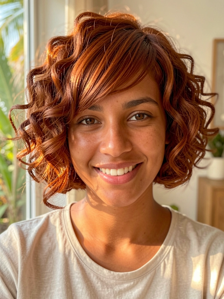 Jovem de cabelo cacheado ruivo, pele morena, sorrindo em ambiente com luz natural e fundo desfocado.