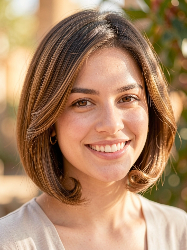 Jovem de cabelo castanho com ondas nas pontas, sorriso radiante e olhos castanhos, luz natural suave e fundo desfocado com verde.