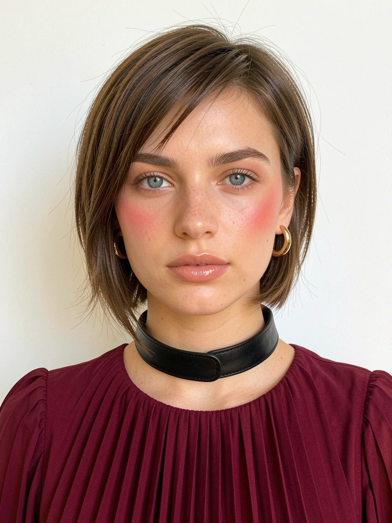 Jovem de cabelo castanho curto e olhos azuis, vestido vinho plissado e colar de couro preto, iluminada por luz natural suave.