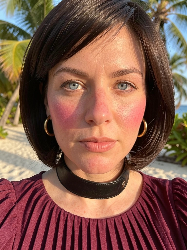 Burgundy pleated top and black leather collar on woman with blue eyes, gold hoop earrings, soft daylight.