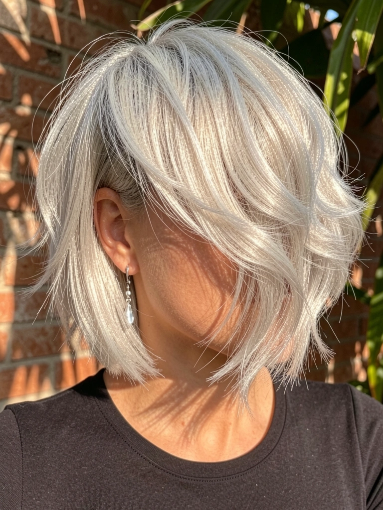 Platinum blonde bob com ondas volumosas e brilho, brincos de prata, fundo com textura de tijolo e luz natural filtrada.