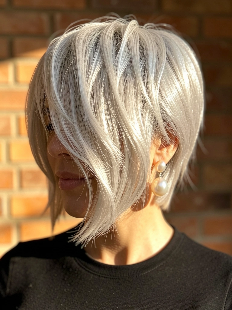 Platinum blonde bob com franja irregular e ondas suaves, brinco perolado grande e fundo de tijolo desfocado com luz solar.