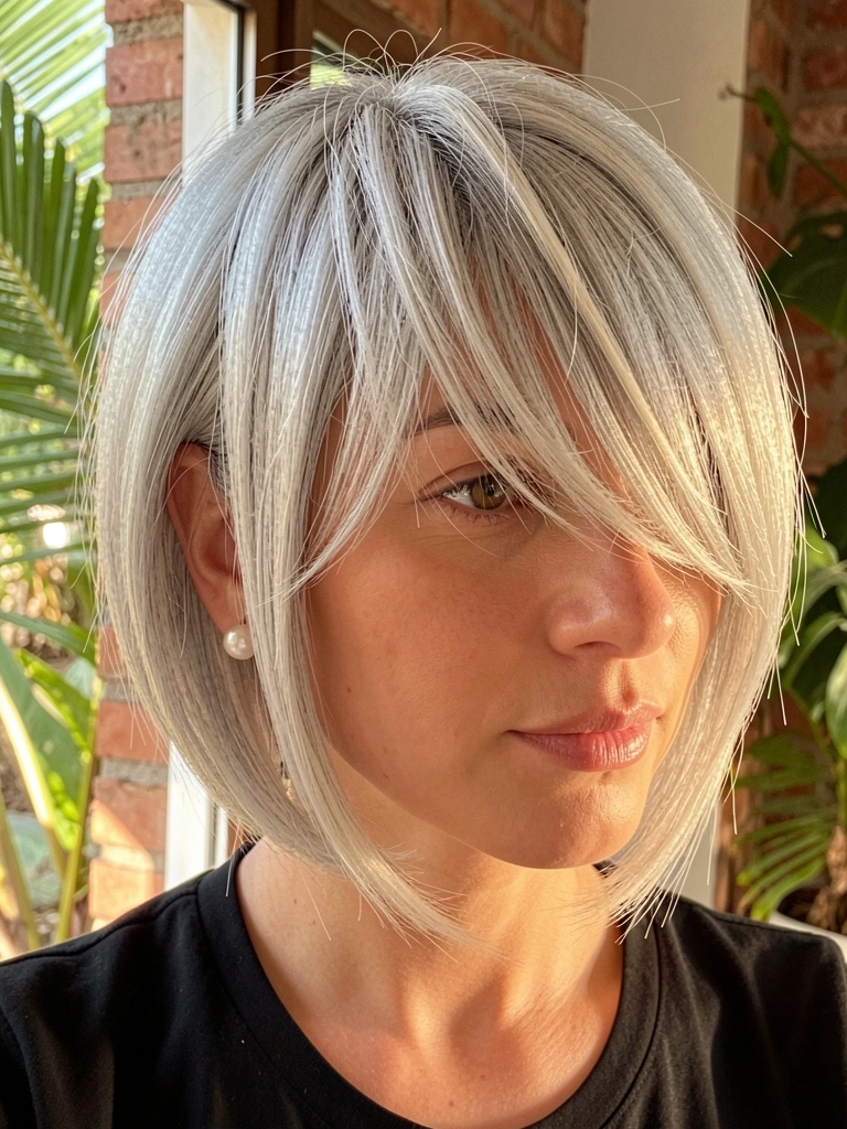 Close-up de mulher com cabelo platinado e loiro claro em corte chanfrado, franja lateral, brincos de pérola, luz natural filtrada por janela com tijolos ao fundo.