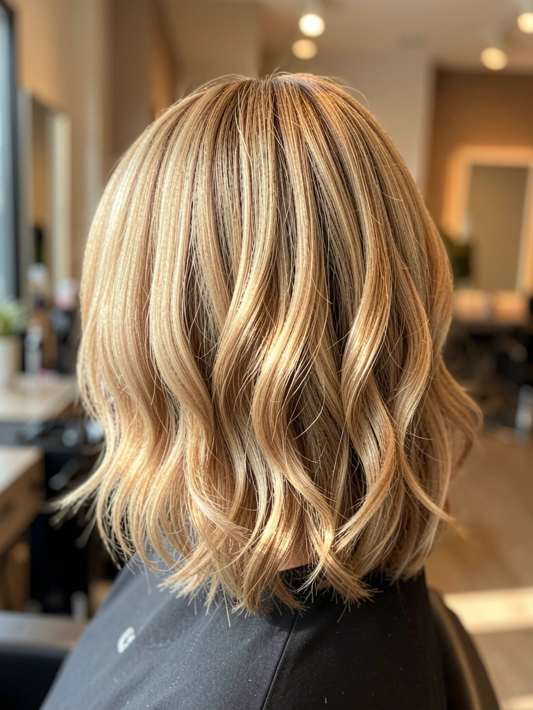 Corte bob em camadas em cabelo grosso loiro mel, com luz natural difusa e fundo de salão desfocado.