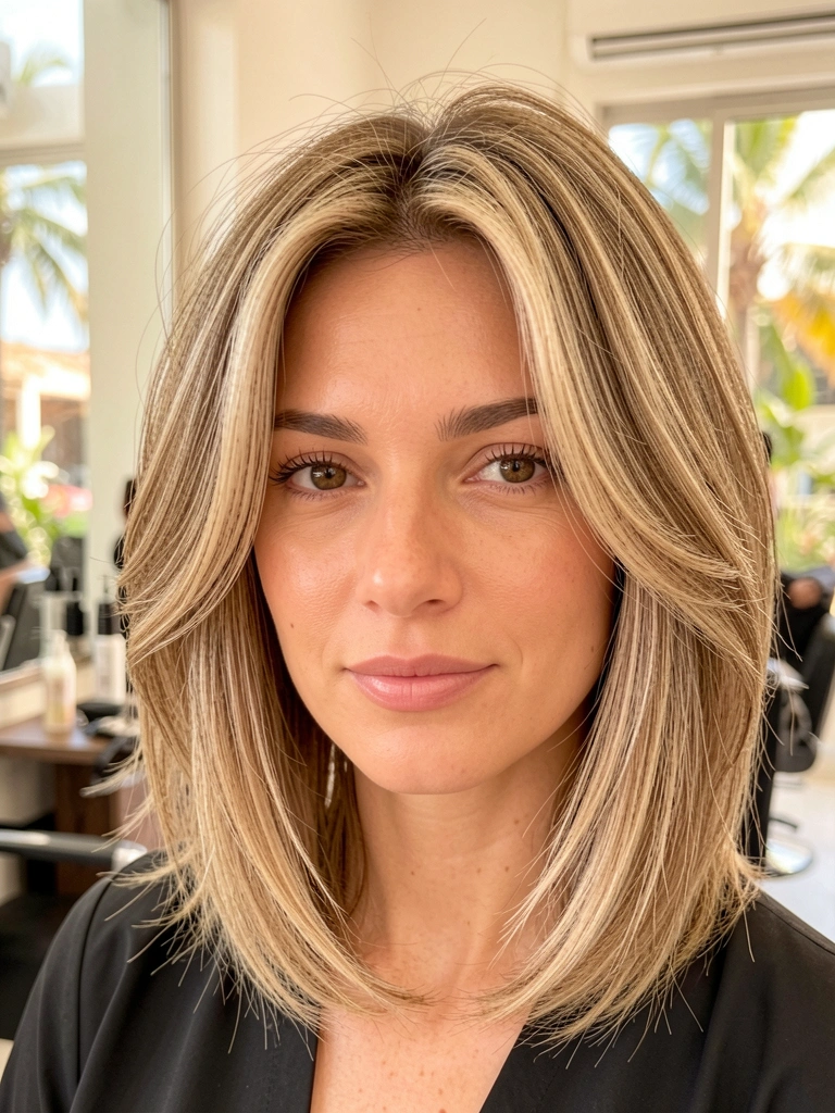 Mulher de cabelo loiro com ondas soltas e balayage, close-up com fundo desfocado e luz natural difusa.