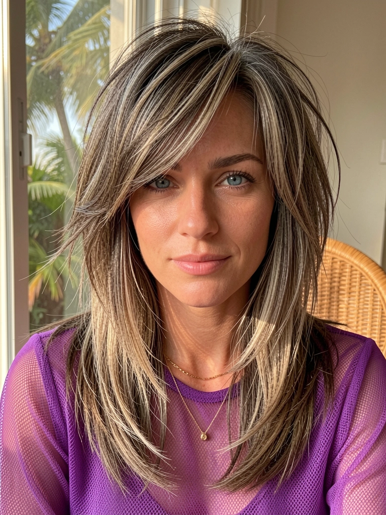 Mulher de cabelos longos e ondulados, camisa roxa transparente e colar dourado, luz natural filtrada e cadeira de vime ao fundo desfocado.