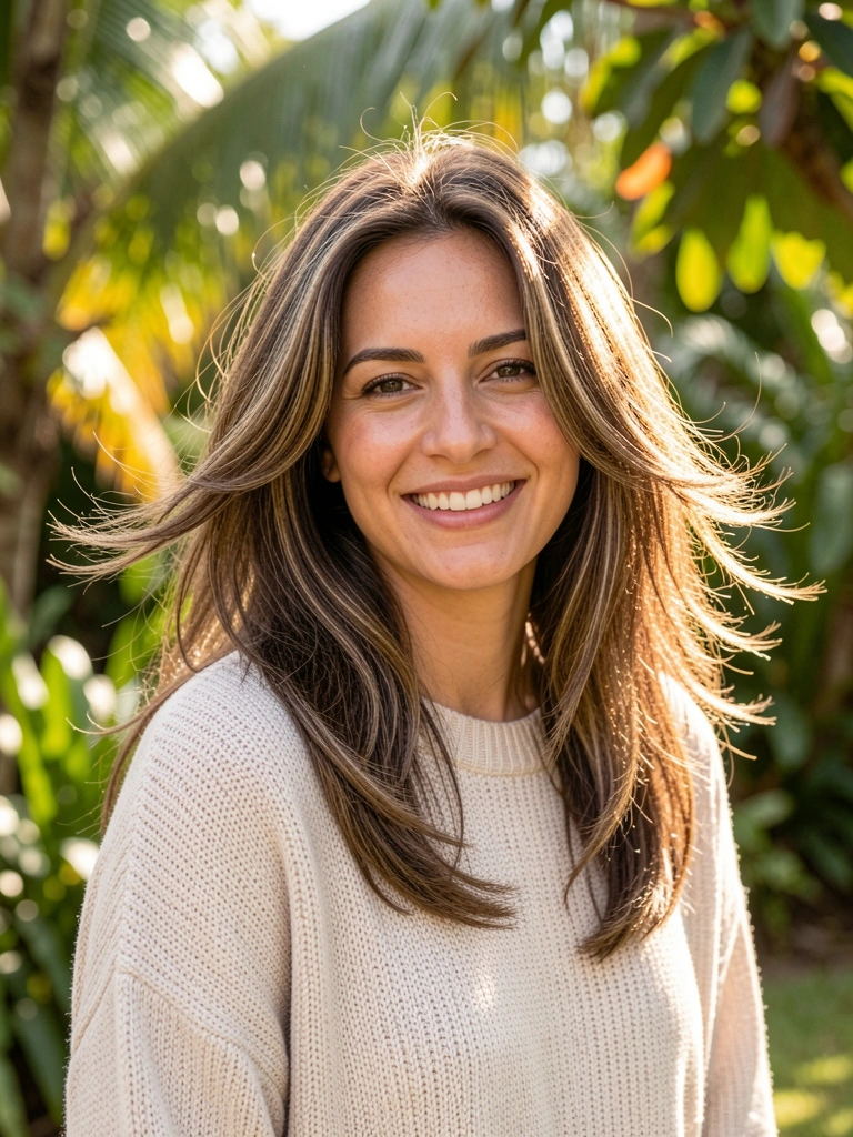 Mulher de cabelo longo e ondulado ao vento, usando suéter oversized em ambiente com luz natural e vegetação tropical ao fundo.
